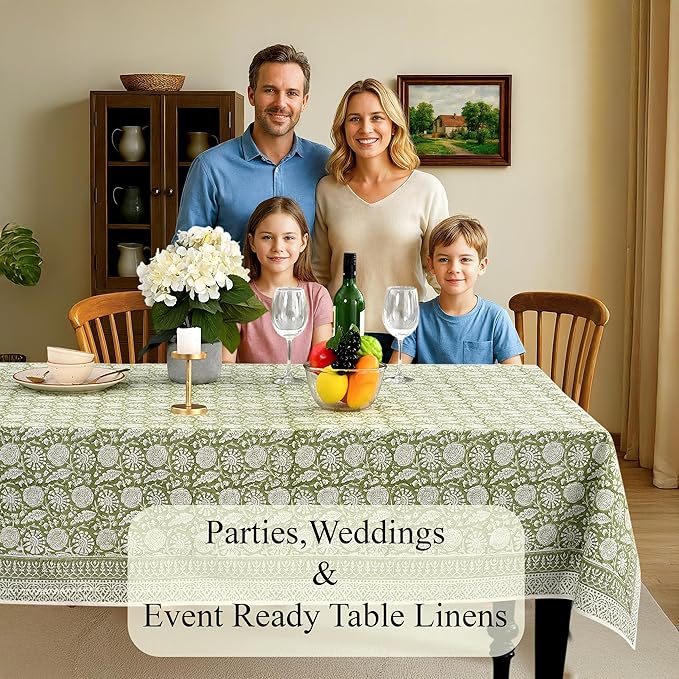 CPC Olive Bloom Tablecloth 100% Cotton 70x108 Inch Indian Block Print Rectangle Table Cover, Table Cloth for Gifting in Weddings, Halloween, Fall, Christmas, Thanksgiving