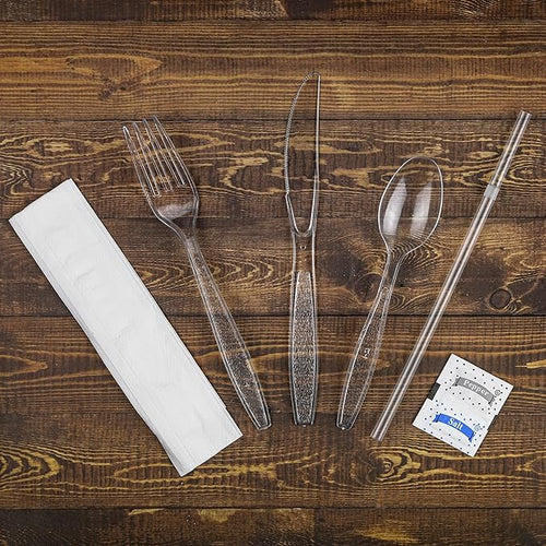100 pack | Clear Heavy Duty Plastic Disposable Cutlery Set | 6 in 1 Utensil Set with Fork, Spoon, Knife, Napkin, Straw, Salt/Pepper Packets
