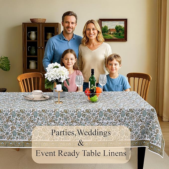 CPC Tablecloth 100% Cotton 72x140 Inch Indian Block Print Rectangle Table Cover, Blue Table Cloth for Weddings, Spring/Summer, Barbeque - Harvest Bloom