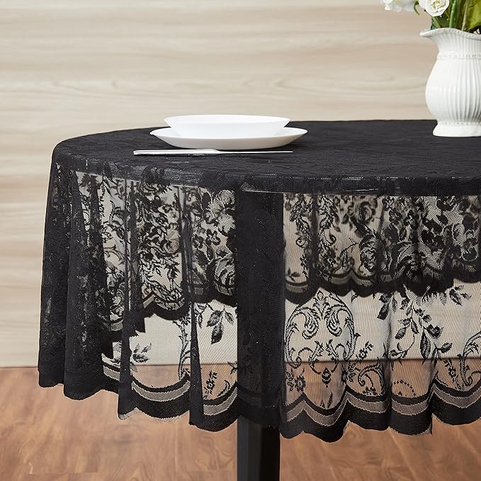 Warm Home Designs 90 Inch Round Tablecloth with English Rose Design. Use as Circle Tablecloth, Rustic Tablecloth or as Elegant Lace Table Cloth. Black Table Clothes for 6-8 Guests. LTC Black 90"