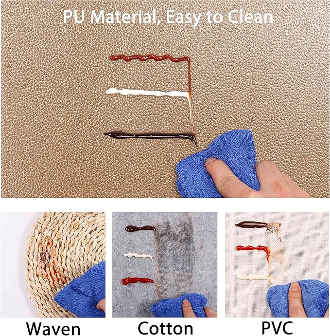 Set of 6 Faux Leather Placemats, PU Table Mats, Waterproof, Stain Resistant, Heat Resistant, Easy to Clean for Kitchen Dining Table,Conference Table C Gold Rectangle