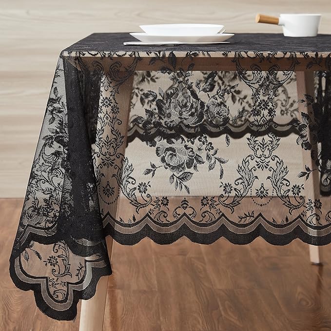 Warm Home Designs 54 x 72 Lace Tablecloth. Black Rectangle Tablecloth with English Rose Design. Rustic Table Cover for 6-8 Guests. LTC Black 72"