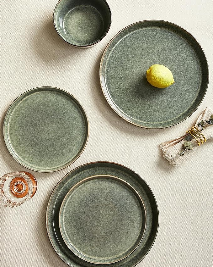 Dinnerware Sets, Microwave Safe Plates and Bowls Sets, Dishes Set for 6, Chip & Scratch Resistant Dinner Set, Hand Glazed Farmhouse Dishware Sets, Green Wheat