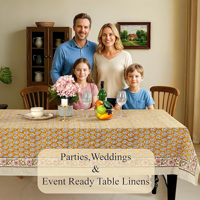 CPC Tablecloth 100% Cotton 80x120 Inch Indian Block Print Rectangle Table Cover, Gray Table Cloth for Weddings, Spring/Summer, Barbeque - Yellow Citrine